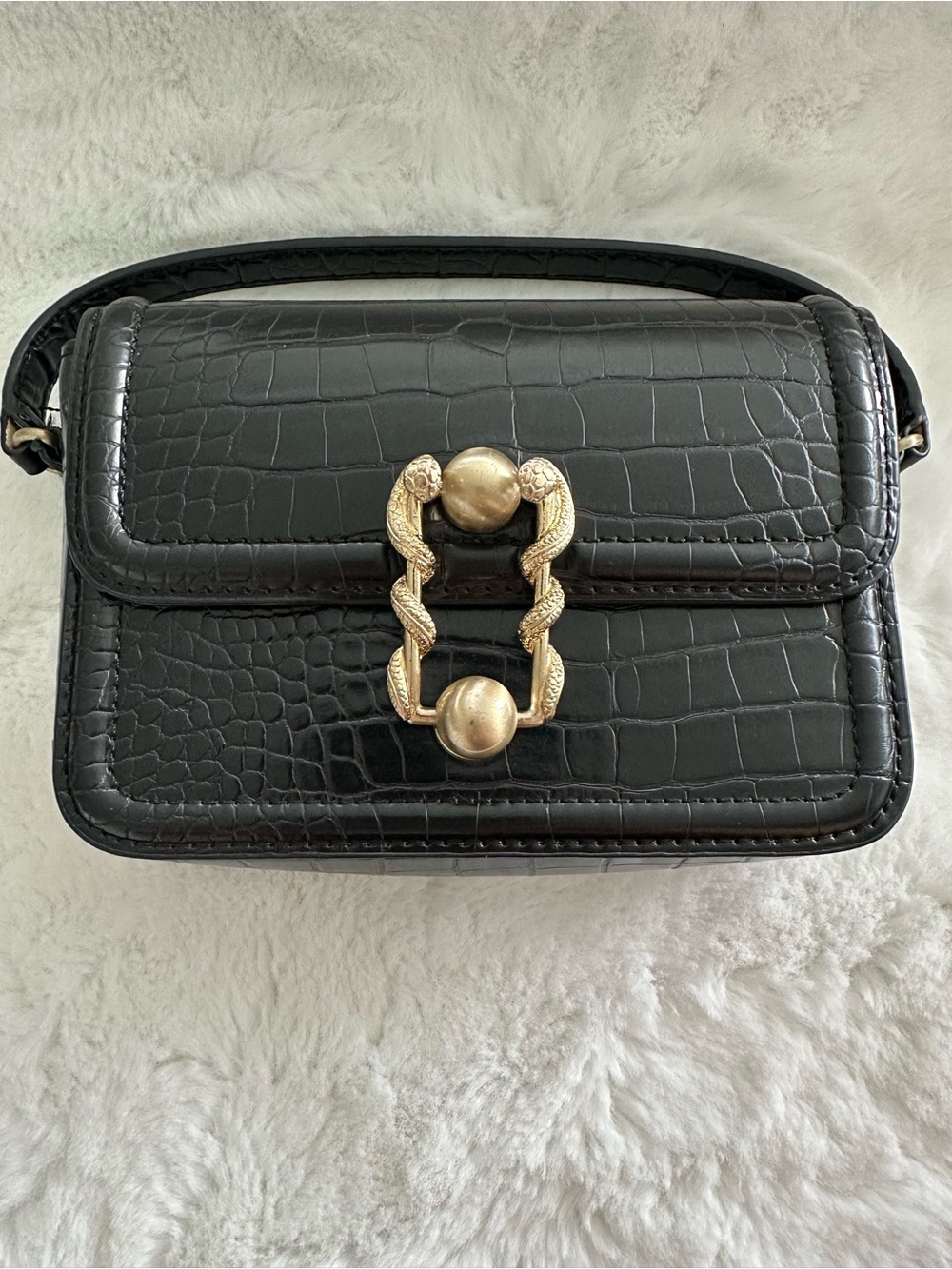 ZARA Black Croc-Embossed Shoulder Bag with Gold Hardware